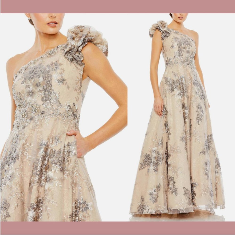 NWT $898 Mac Duggal [ 14 ] Embellished One Shoulder Lace A Line Gown‎ Q612